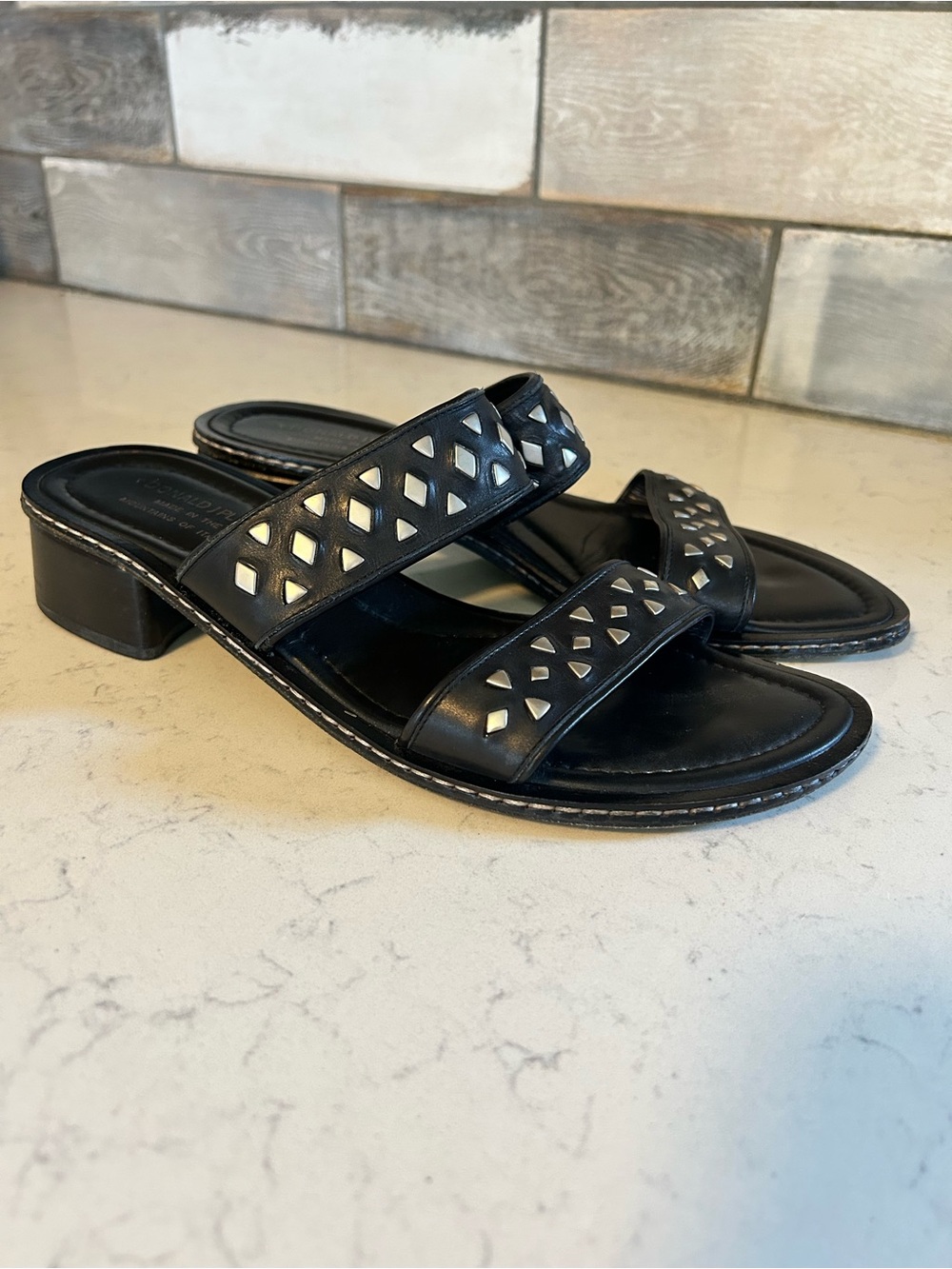 Donald J. Pliner Black Italian Leather Studded Double Strap Low Heel Sandals - Picture 5 of 16